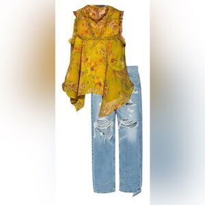 June&Hudson Green Floral  ruffle shoulder top S Like New